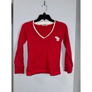 Abercrombie & Fitch Y2K red white long sleeve slim fit V-Neck shirt white moose